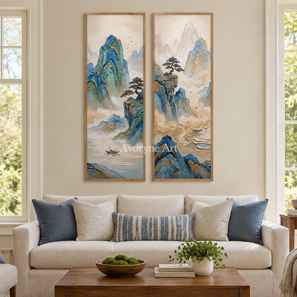 Faint Rhythm green mountain diptych with a wood frame in a villa living space