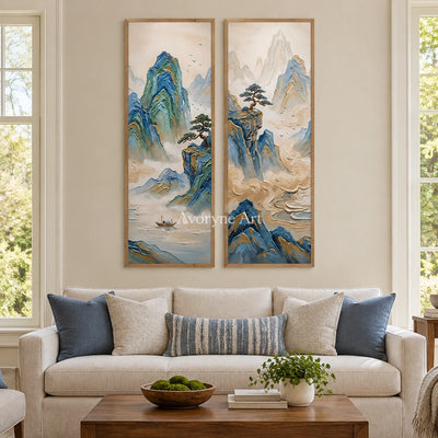 Faint Rhythm green mountain diptych with a wood frame in a villa living space