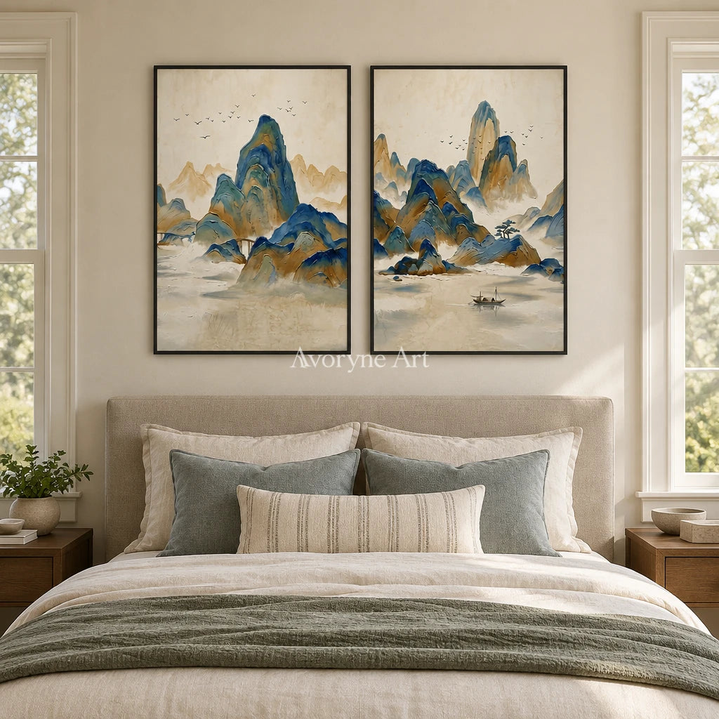 Faint Horizon green mountain diptych with a black frame above a bed in a bedroom
