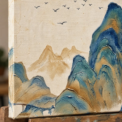 Close-up of the hand-painted texture of Faint Horizon green mountain diptych on an easel