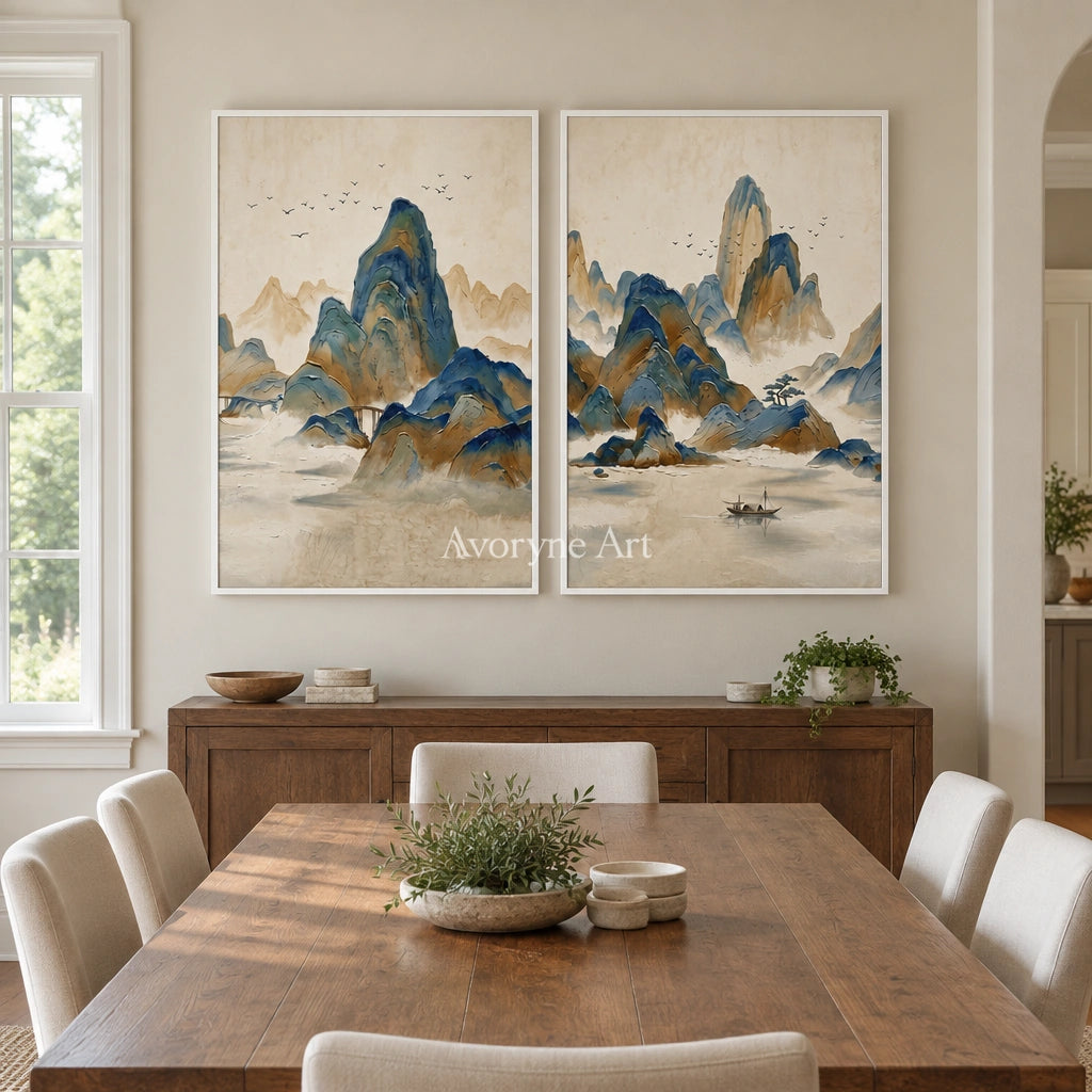 Faint Horizon green mountain diptych with a white frame in a dining room