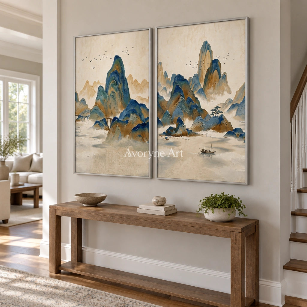 Faint Horizon green mountain diptych with a silver frame in an entryway