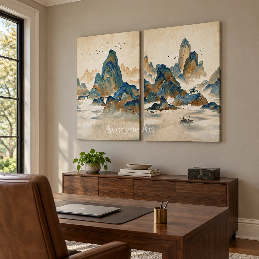 Faint Horizon green mountain diptych as a frameless stretched canvas in a home office