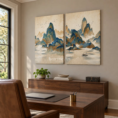 Faint Horizon green mountain diptych as a frameless stretched canvas in a home office