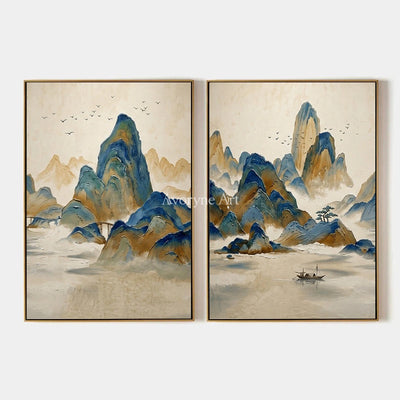 Faint Horizon, hand-painted green mountain diptych by Renji Aoki