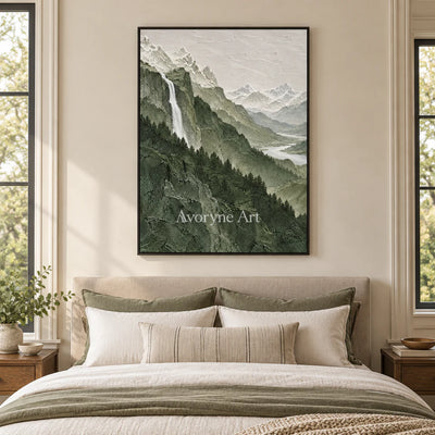 Forest Cascade: Green Mountain Landscape Wall Art — bedroom black