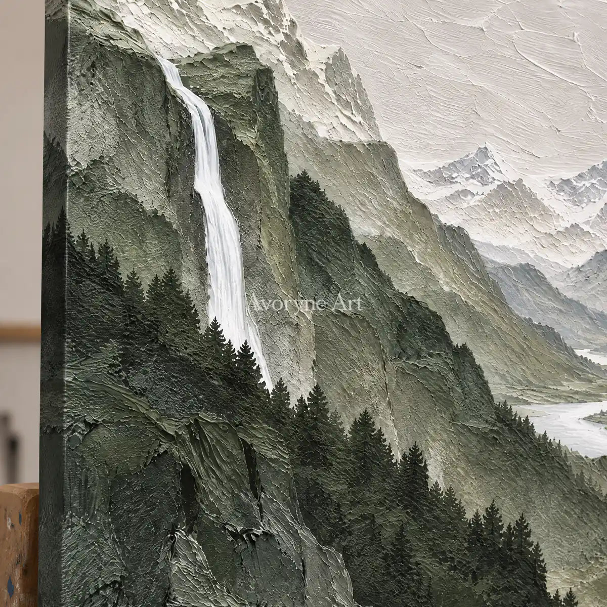 Forest Cascade: Green Mountain Landscape Wall Art — detail easel