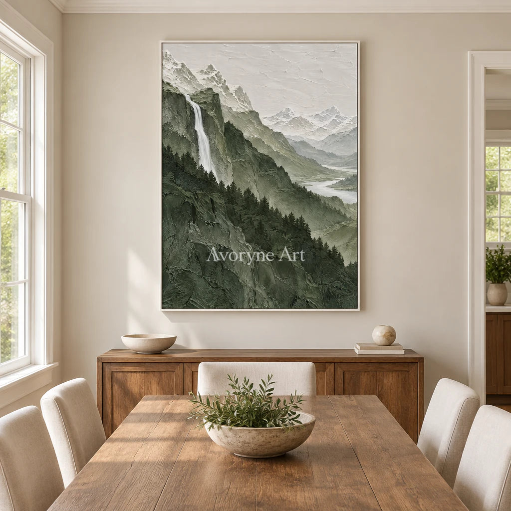 Forest Cascade: Green Mountain Landscape Wall Art — dining white