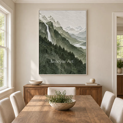 Forest Cascade: Green Mountain Landscape Wall Art — dining white