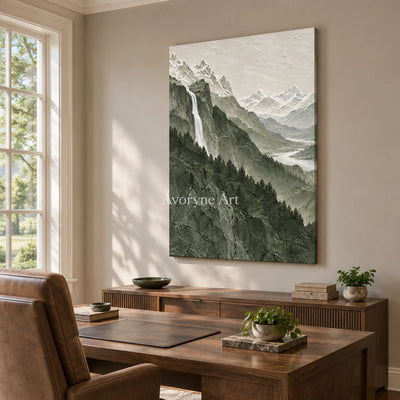 Forest Cascade: Green Mountain Landscape Wall Art — office frameless