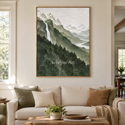 Forest Cascade: Green Mountain Landscape Wall Art — villa wood
