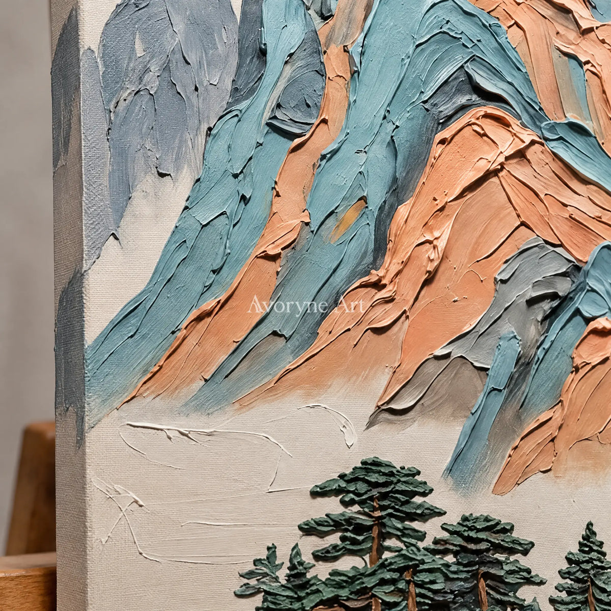 Close-up of the hand-painted texture of Faint Echo green mountain triptych on an easel