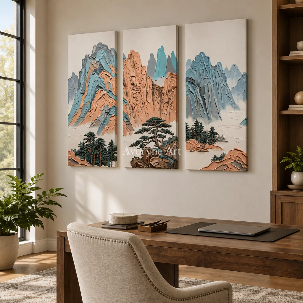 Faint Echo green mountain triptych as a frameless stretched canvas in a home office