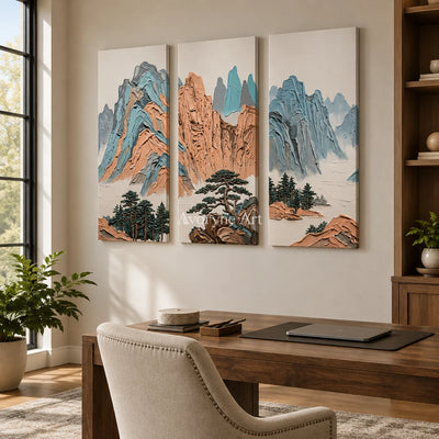 Faint Echo green mountain triptych as a frameless stretched canvas in a home office