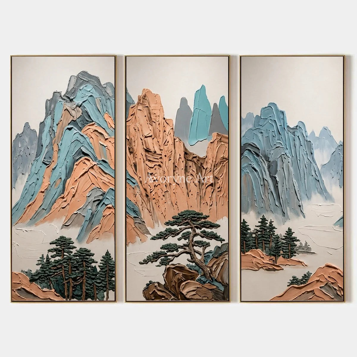 Faint Echo, hand-painted green mountain triptych by Renji Aoki