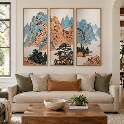 Faint Echo green mountain triptych with a wood frame in a villa living space
