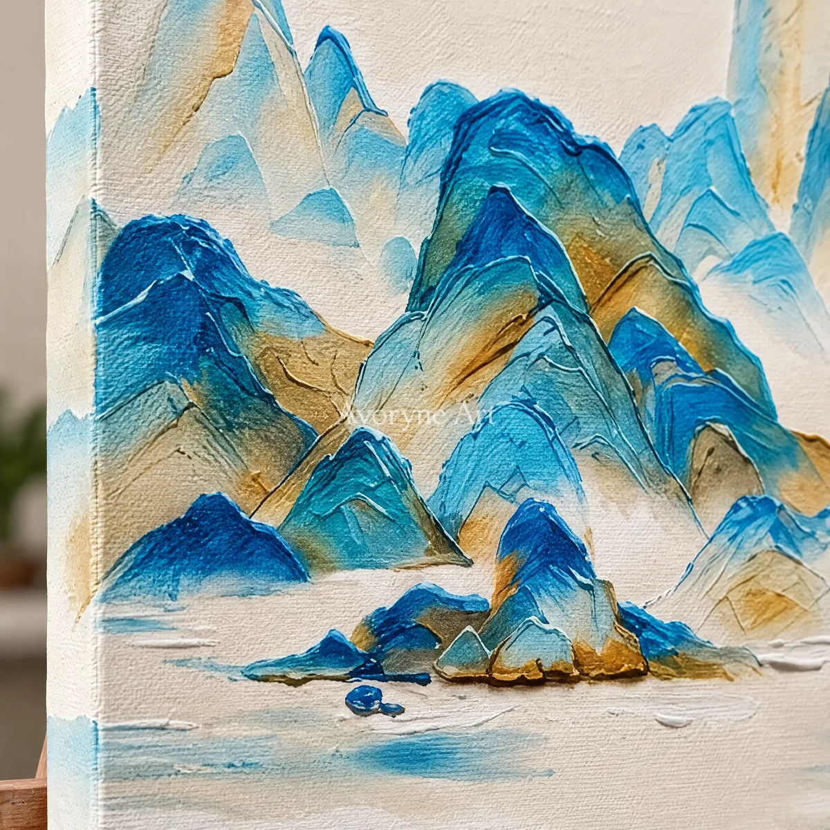 Close-up of the hand-painted texture of Faint Gesture green mountain triptych on an easel