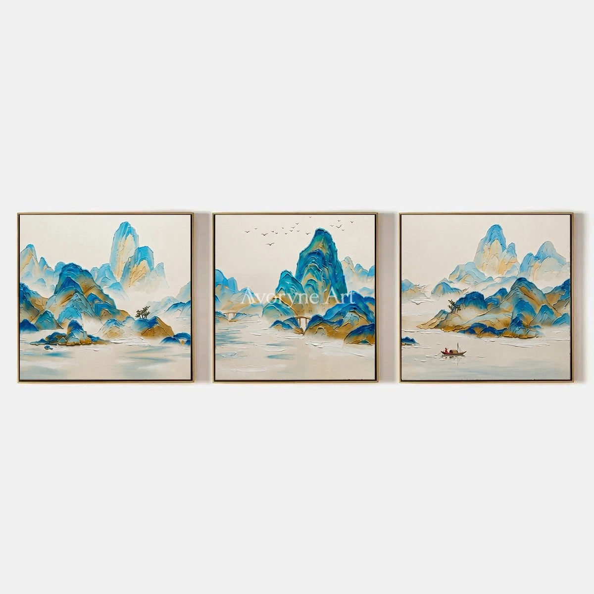 Faint Gesture, hand-painted green mountain triptych by Renji Aoki