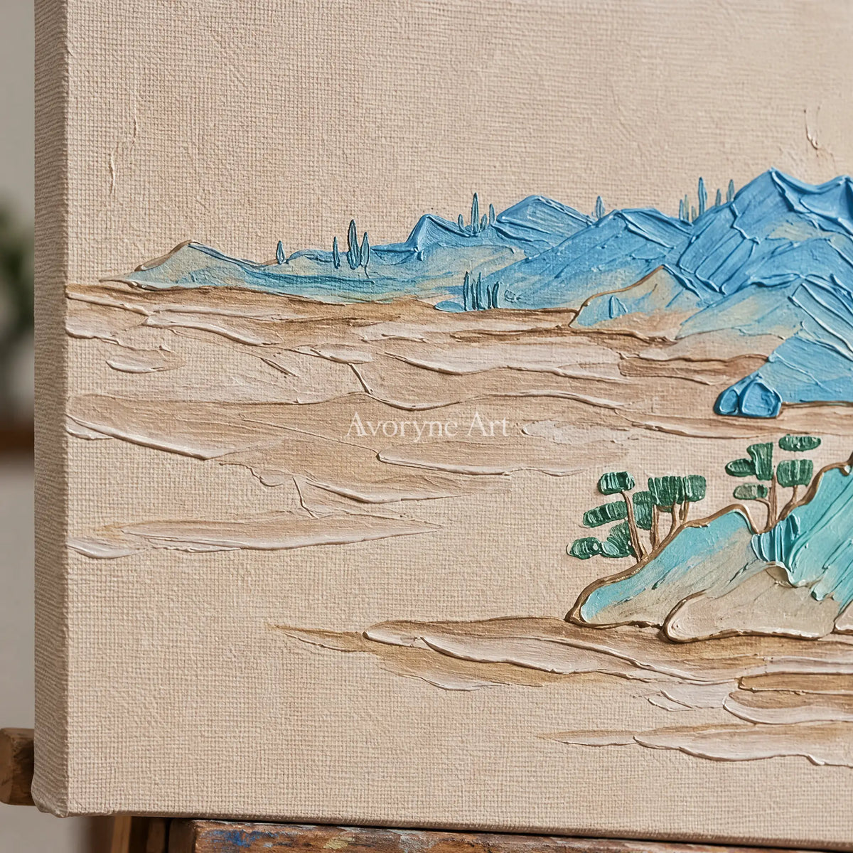 Close-up of the hand-painted texture of Faint Mosaic green mountain triptych on an easel