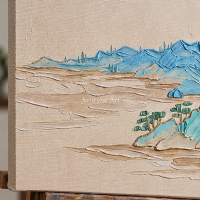 Close-up of the hand-painted texture of Faint Mosaic green mountain triptych on an easel