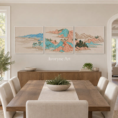 Faint Mosaic green mountain triptych with a white frame in a dining room