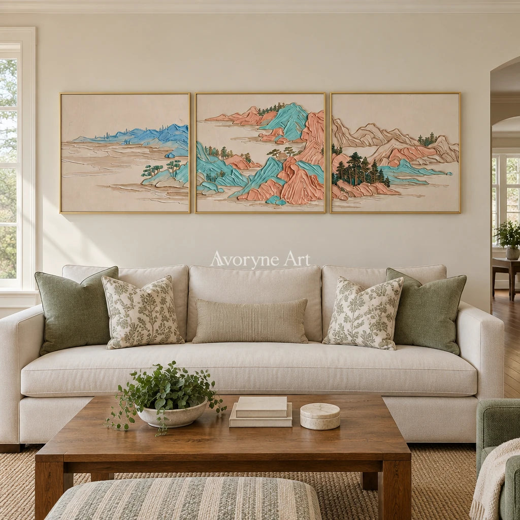 Faint Mosaic green mountain triptych with a gold frame hanging in a living room