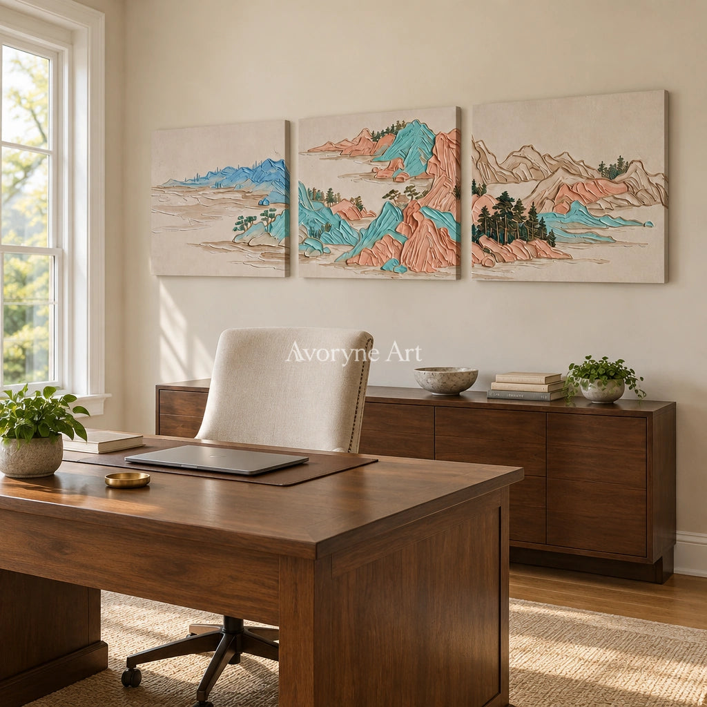 Faint Mosaic green mountain triptych as a frameless stretched canvas in a home office