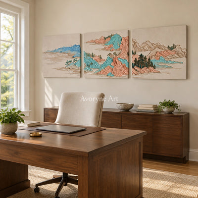 Faint Mosaic green mountain triptych as a frameless stretched canvas in a home office