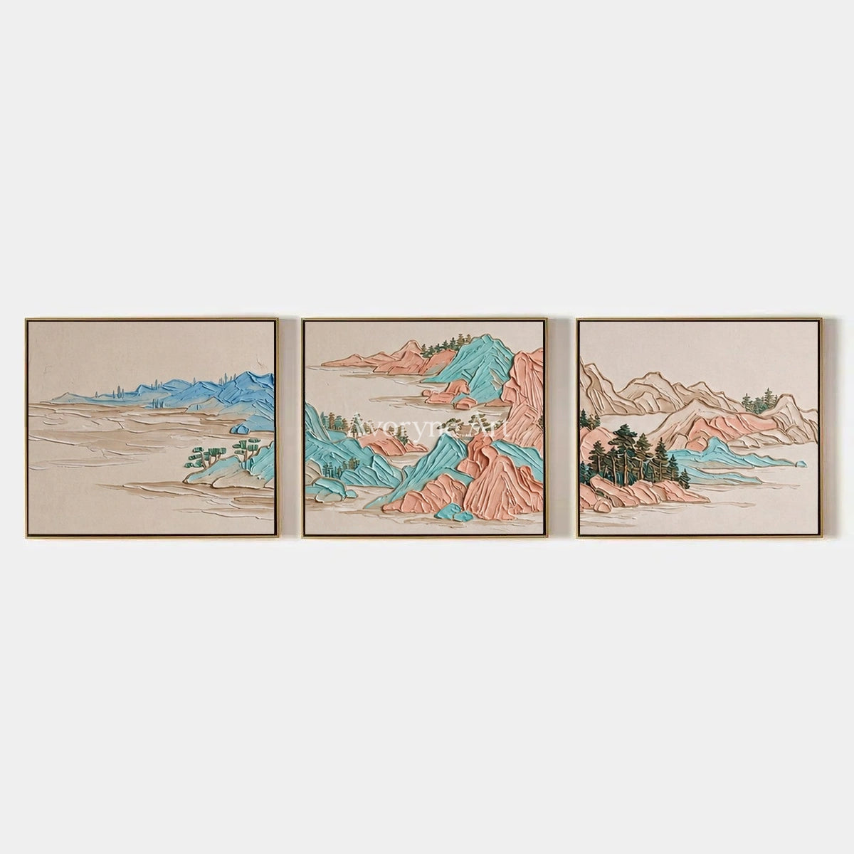 Faint Mosaic, hand-painted green mountain triptych by Renji Aoki
