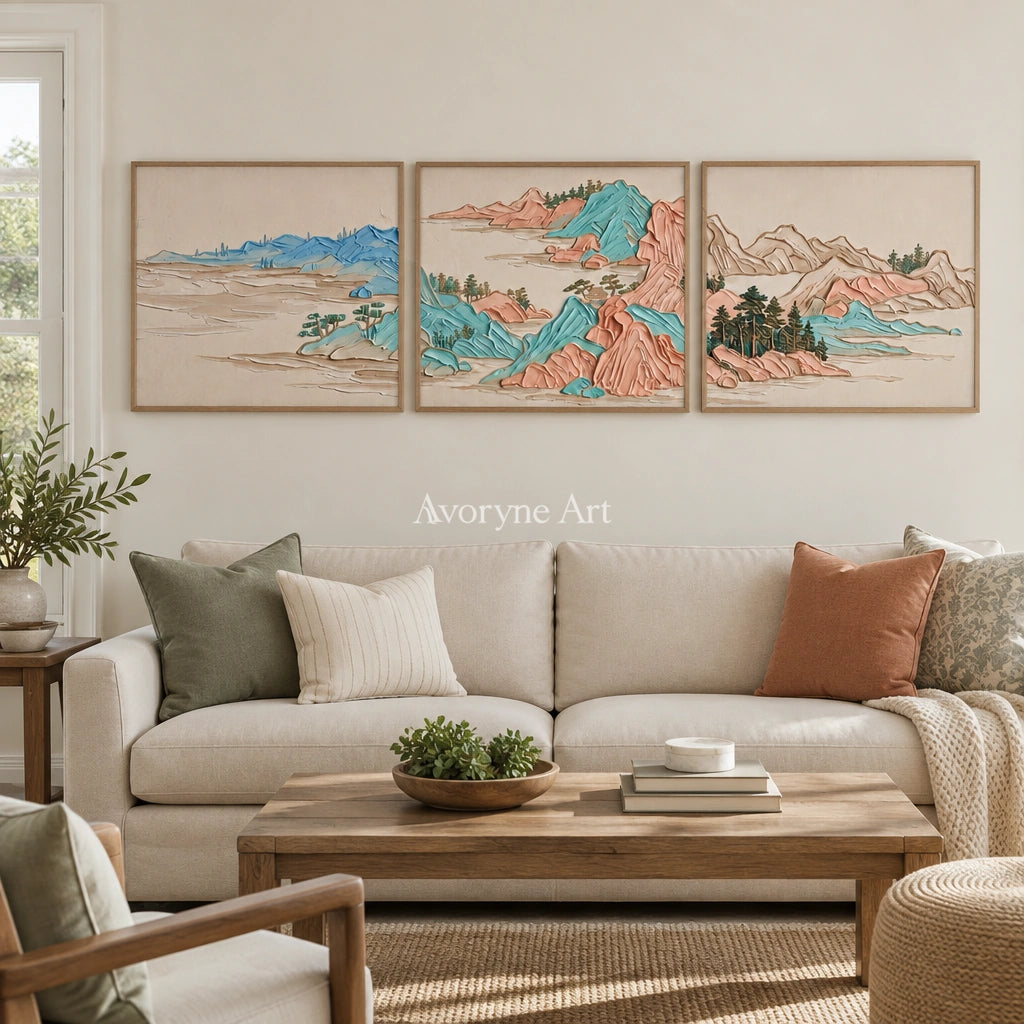 Faint Mosaic green mountain triptych with a wood frame in a villa living space
