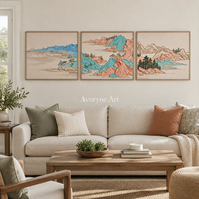 Faint Mosaic green mountain triptych with a wood frame in a villa living space