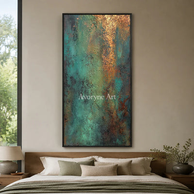 Mineral Patina: Green Narrow Textured Abstract Wall Art — bedroom black