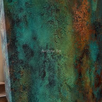 Mineral Patina: Green Narrow Textured Abstract Wall Art — detail easel