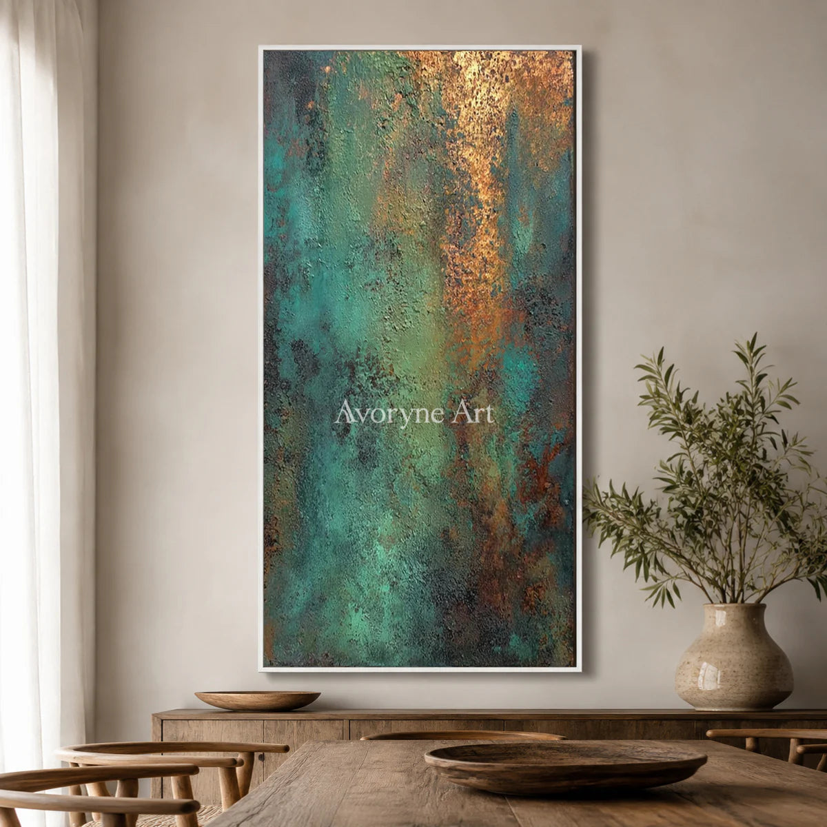 Mineral Patina: Green Narrow Textured Abstract Wall Art — dining white