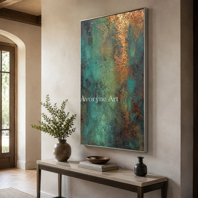 Mineral Patina: Green Narrow Textured Abstract Wall Art — entry silver
