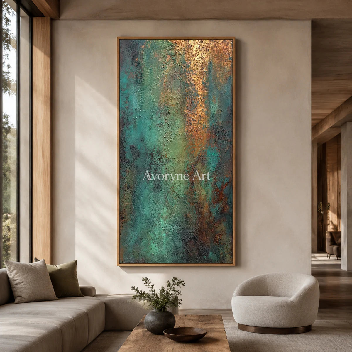 Mineral Patina: Green Narrow Textured Abstract Wall Art — hotel wood