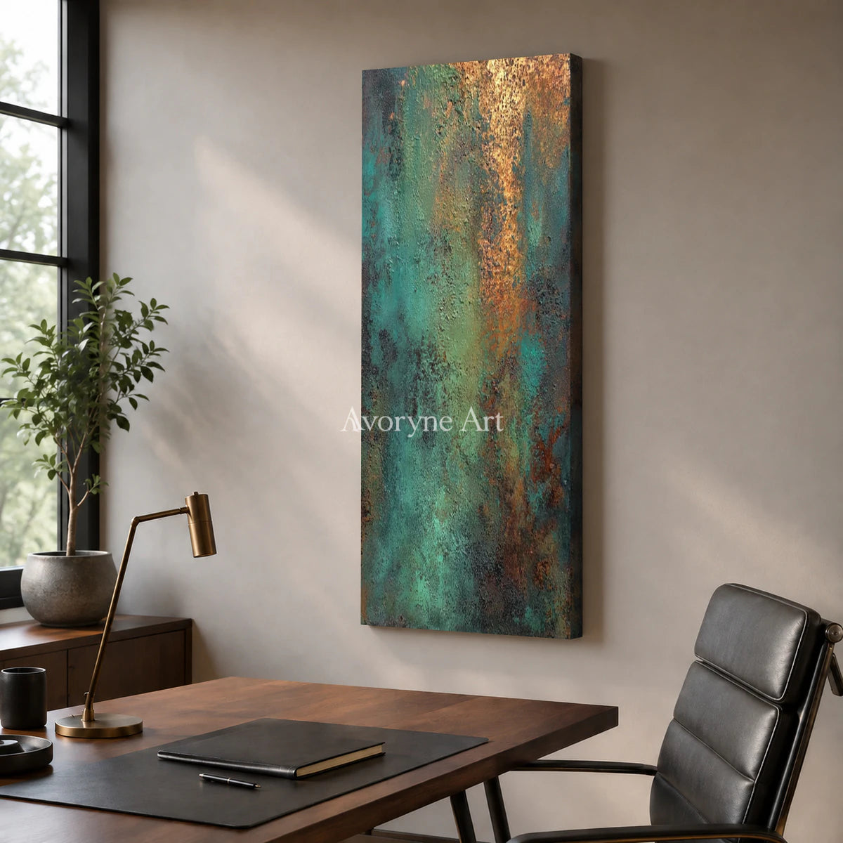 Mineral Patina: Green Narrow Textured Abstract Wall Art — office frameless