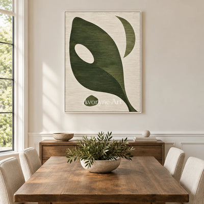Olive Aperture: Green Organic Abstract Wall Art — dining white