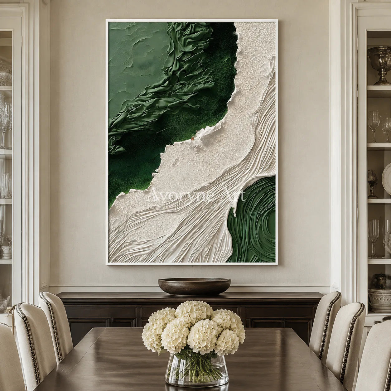 Moss Current: Green Organic Textured Abstract Wall Art - dining room white frame