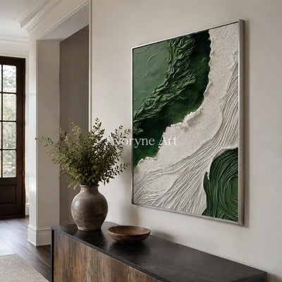 Moss Current: Green Organic Textured Abstract Wall Art - entryway silver frame