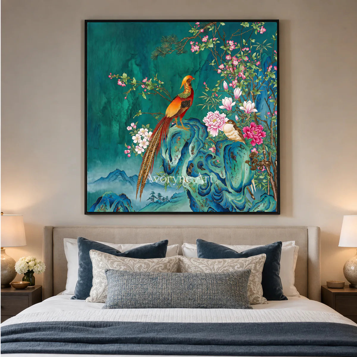 Jade Court: Green Pheasant and Floral Wall Art — bedroom black frame