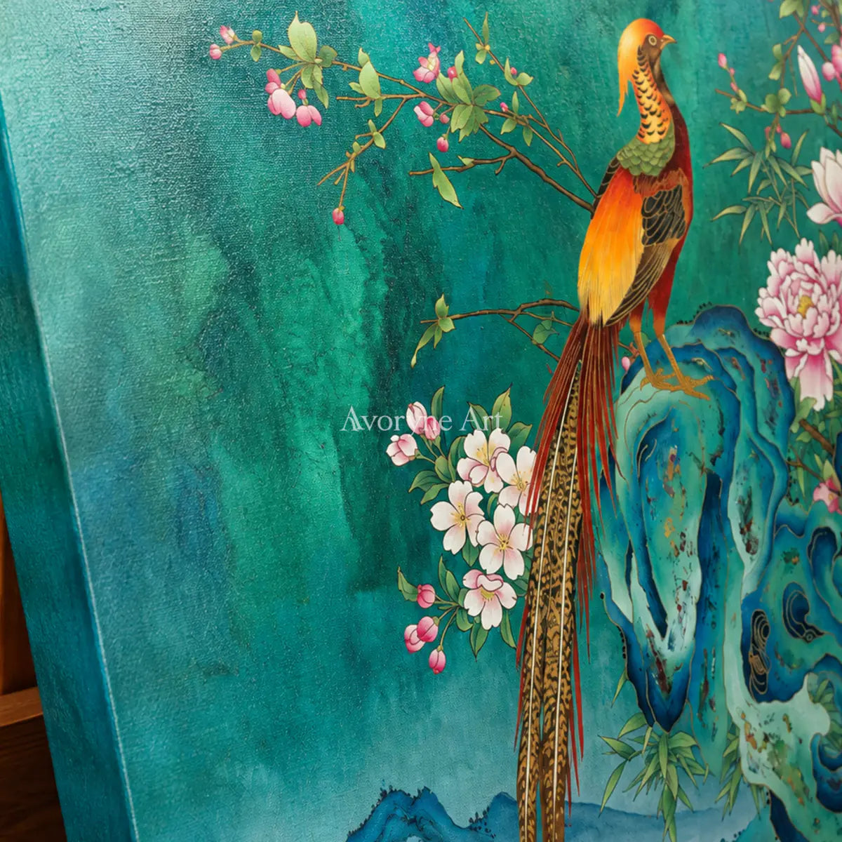 Jade Court: Green Pheasant and Floral Wall Art — detail easel oblique