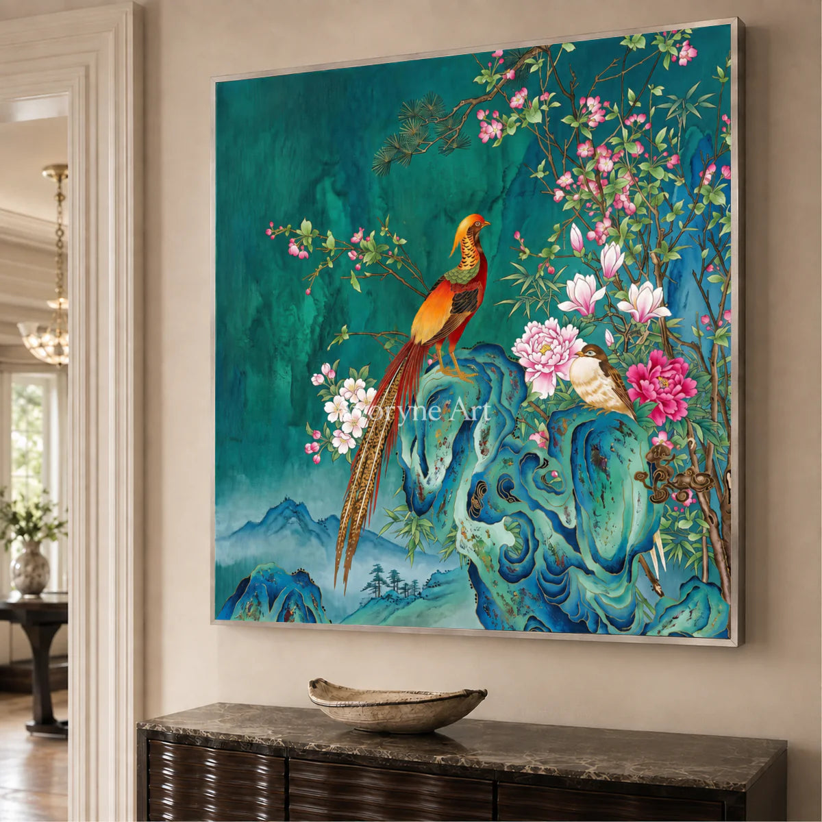 Jade Court: Green Pheasant and Floral Wall Art — entryway silver frame oblique