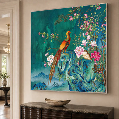 Jade Court: Green Pheasant and Floral Wall Art — entryway silver frame oblique