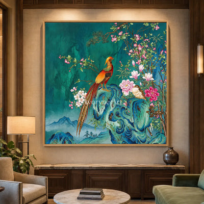 Jade Court: Green Pheasant and Floral Wall Art — hotel wood frame