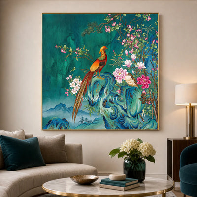 Jade Court: Green Pheasant and Floral Wall Art — living room gold frame