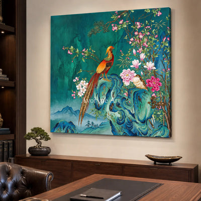Jade Court: Green Pheasant and Floral Wall Art — office frameless oblique