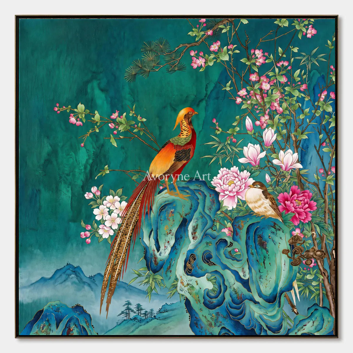 Jade Court: Green Pheasant and Floral Wall Art — primary