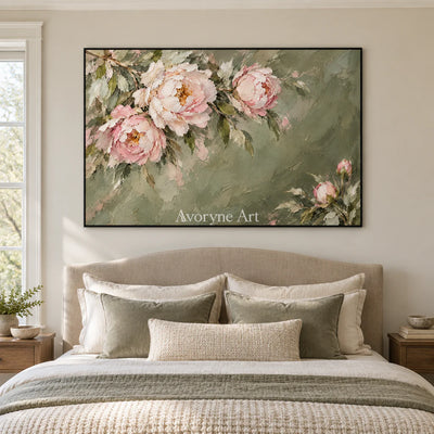 Peony Reverie: Green Pink Floral Landscape Wall Art — bedroom black