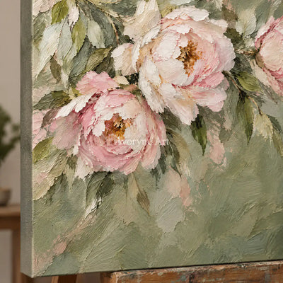 Peony Reverie: Green Pink Floral Landscape Wall Art — detail easel